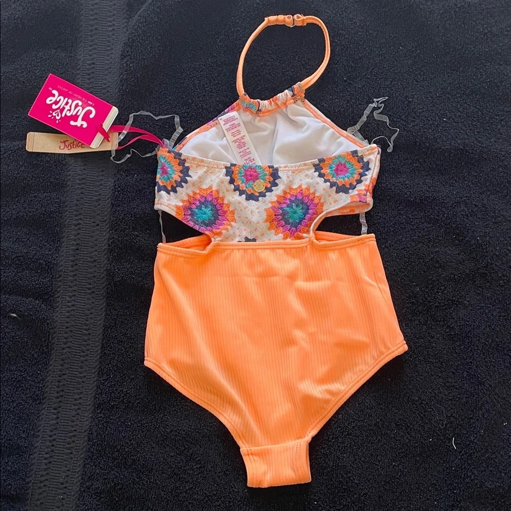 Justice Kids' Vibrant Orange and Multicolor one piece nwt upf 50